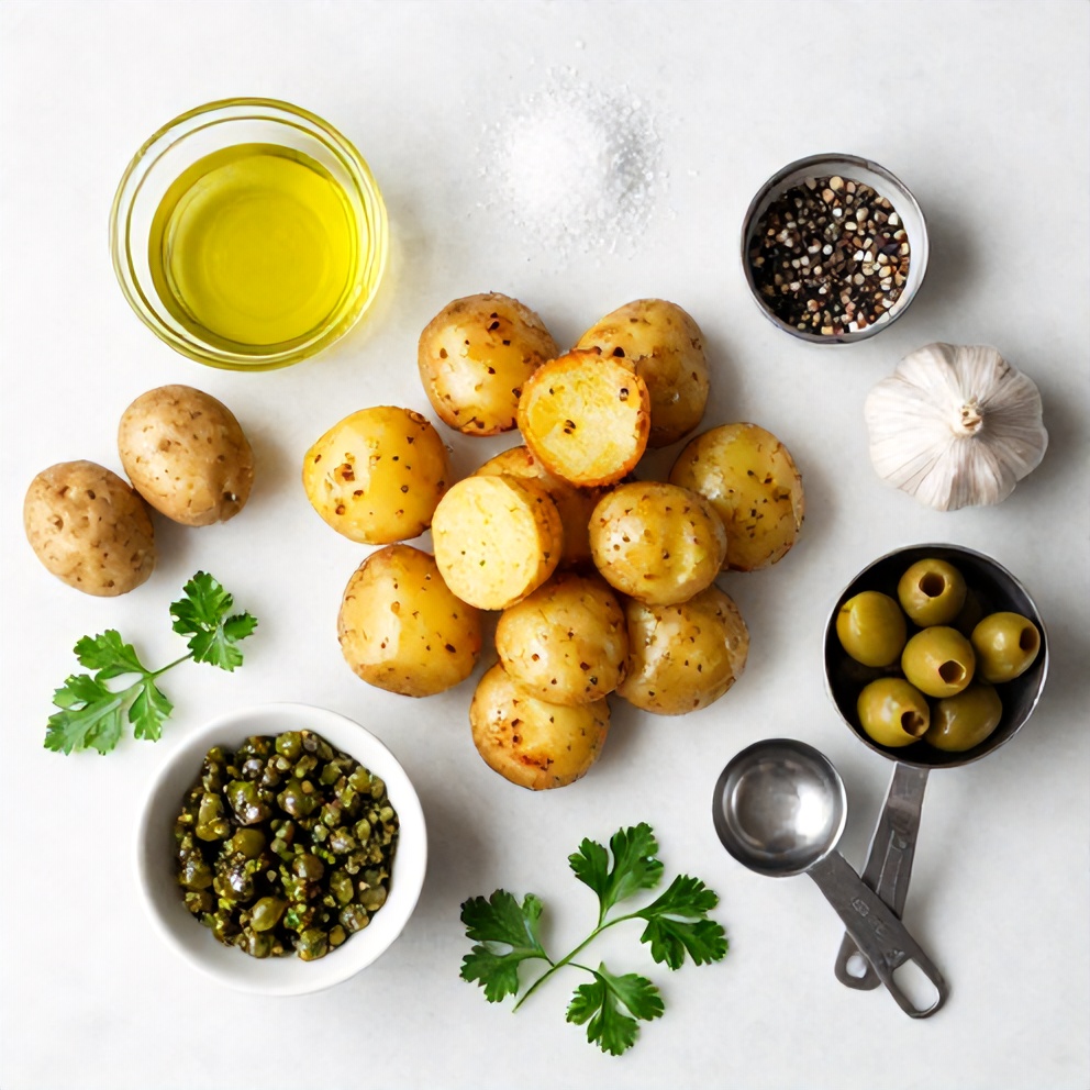 Raw ingredients for crispy smashed potatoes with olive tapenade