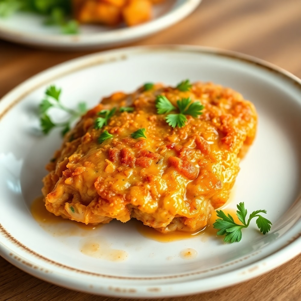 Plated Smothered Chicken with garnish