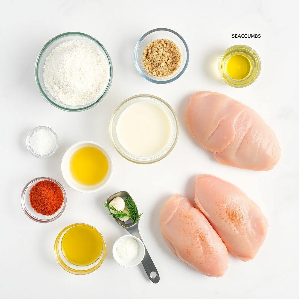 Raw ingredients for Smothered Chicken on a marble surface