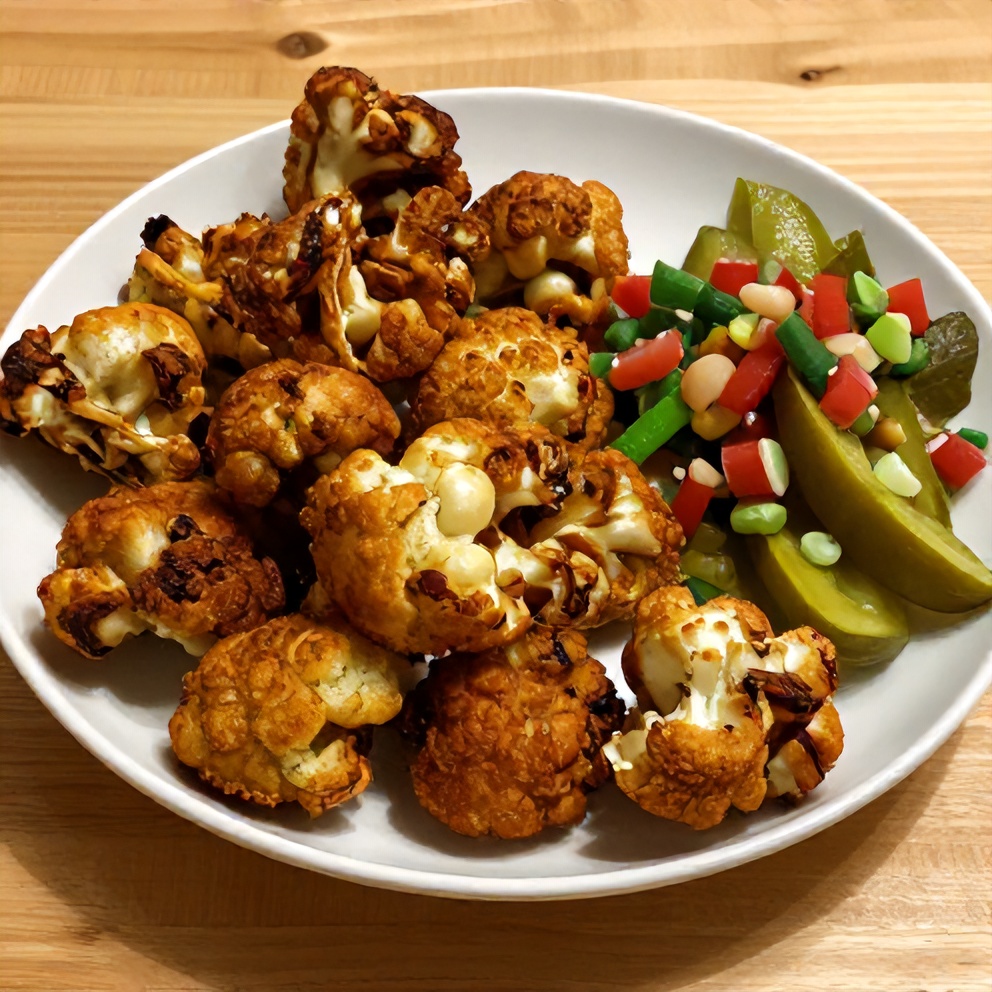 Plated serving of crispy cauliflower bites with a side of homemade pickle de gallo salsa, on a light wooden surface