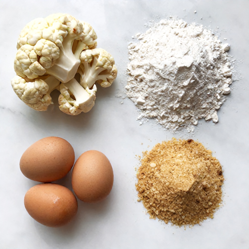 Raw ingredients for Cauliflower Bites: cauliflower, flour, eggs, breadcrumbs, spices, oil, arranged on a white marble surface