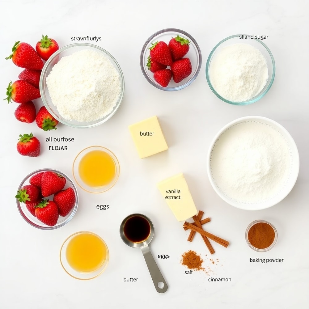 Ingredients for strawberry crunch cookies on a white marble surface