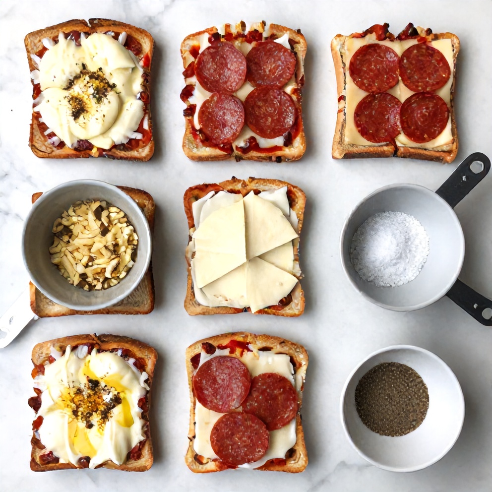 Raw ingredients for Crispy Texas Toast Pizzas on a marble surface