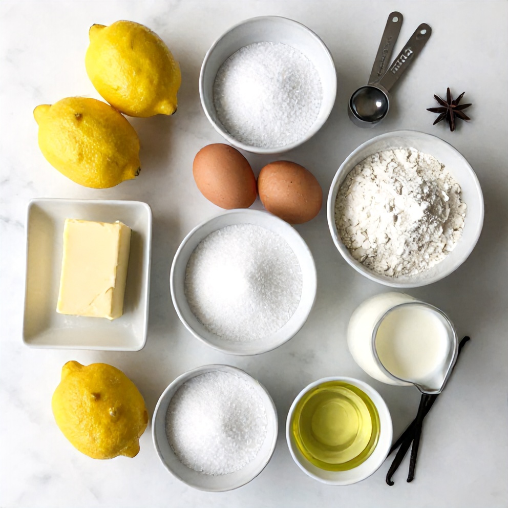 Lemon Bundt Cake ingredients on a marble counter