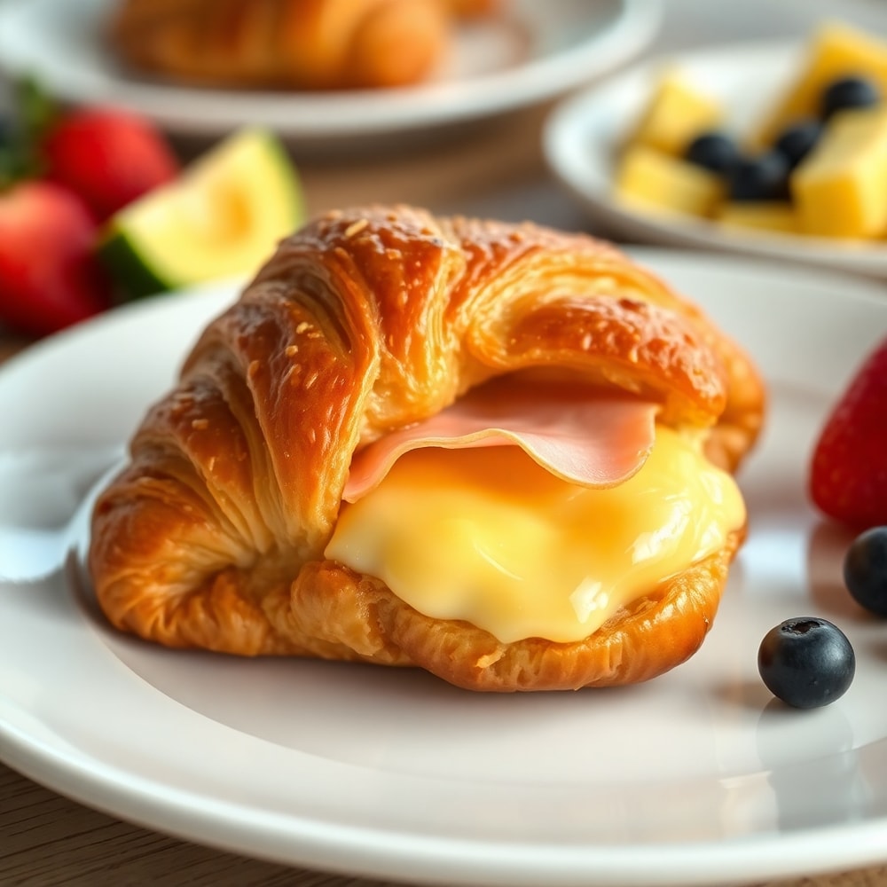 Plated ham and cheese croissant with a side of fresh fruit