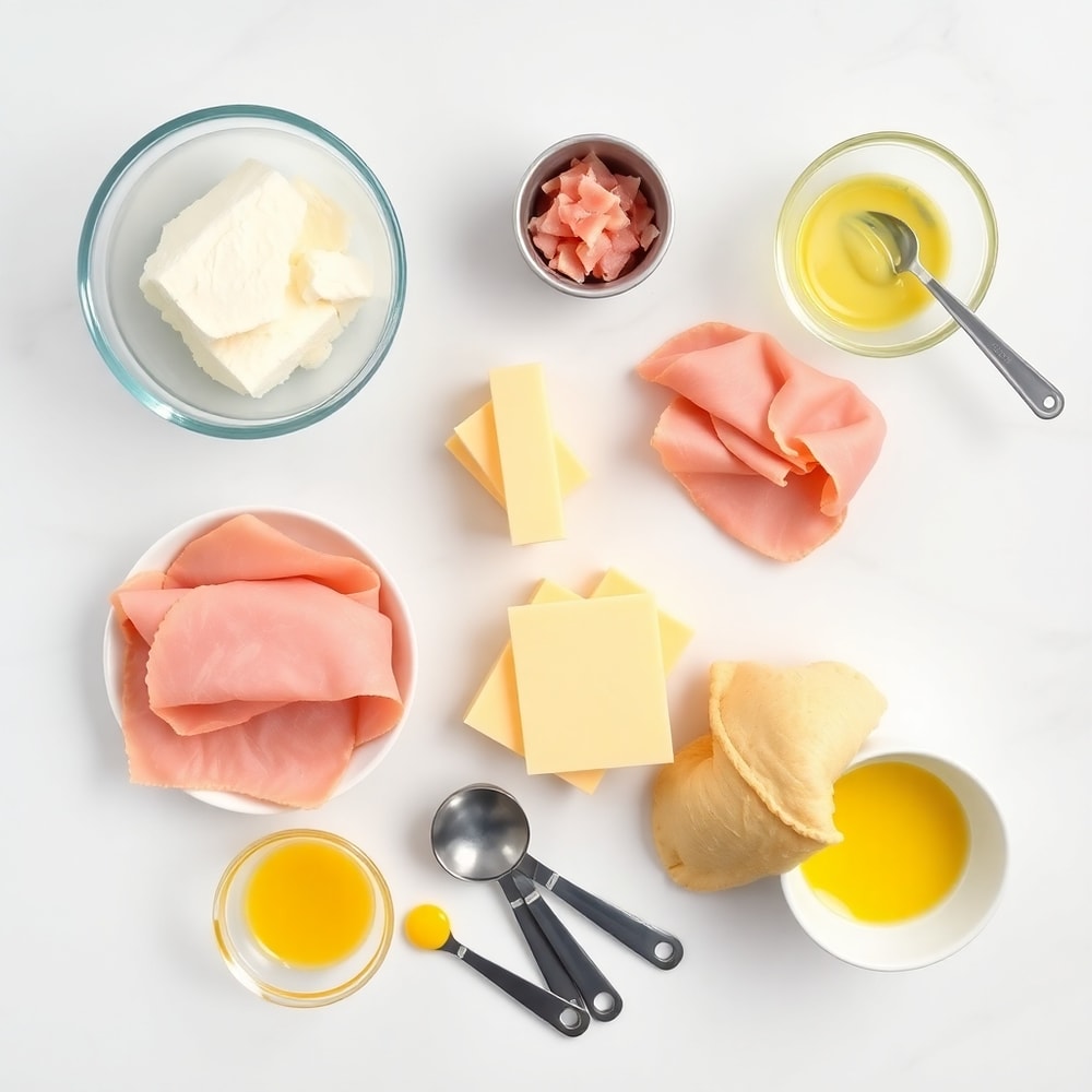 Raw ingredients for ham and cheese croissants: puff pastry, ham, cheese, mustard, egg wash