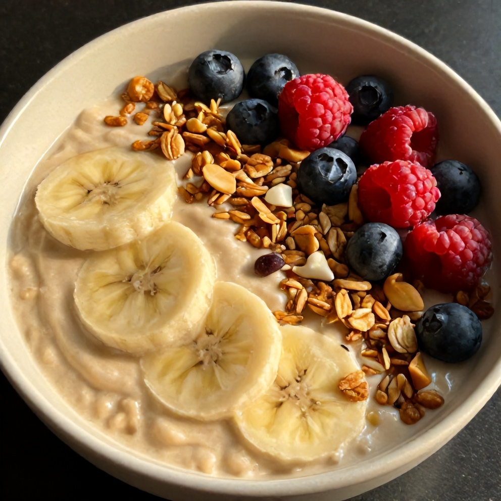 Finished Banana Peanut Butter Oat Smoothie Bowl with Toppings