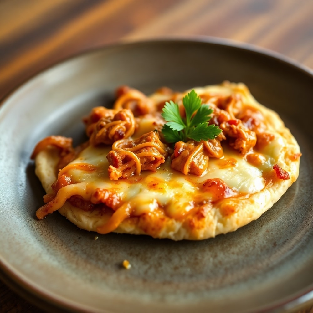 Plated BBQ Chicken Flatbread on a rustic plate