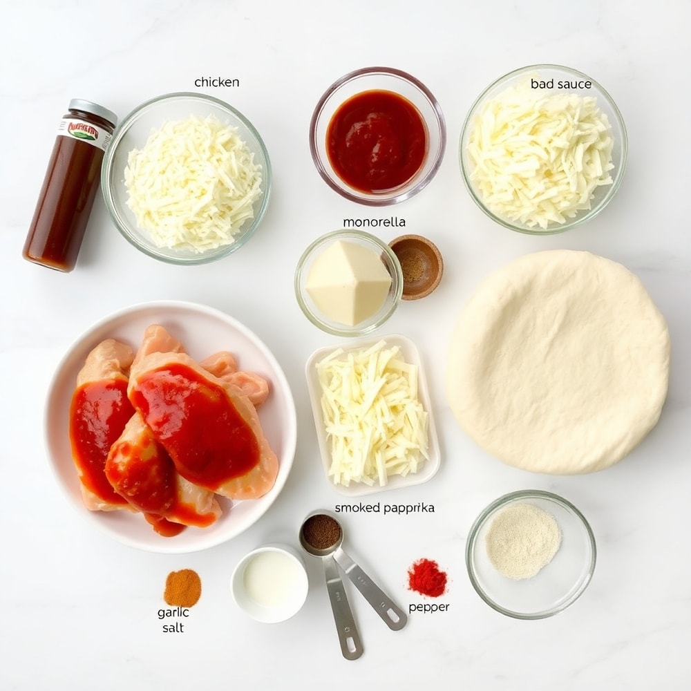 Raw ingredients for BBQ Chicken Flatbread on a marble surface