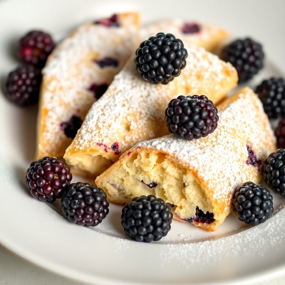 Plated Blackberry Shortbread Wedges with a dusting of powdered sugar