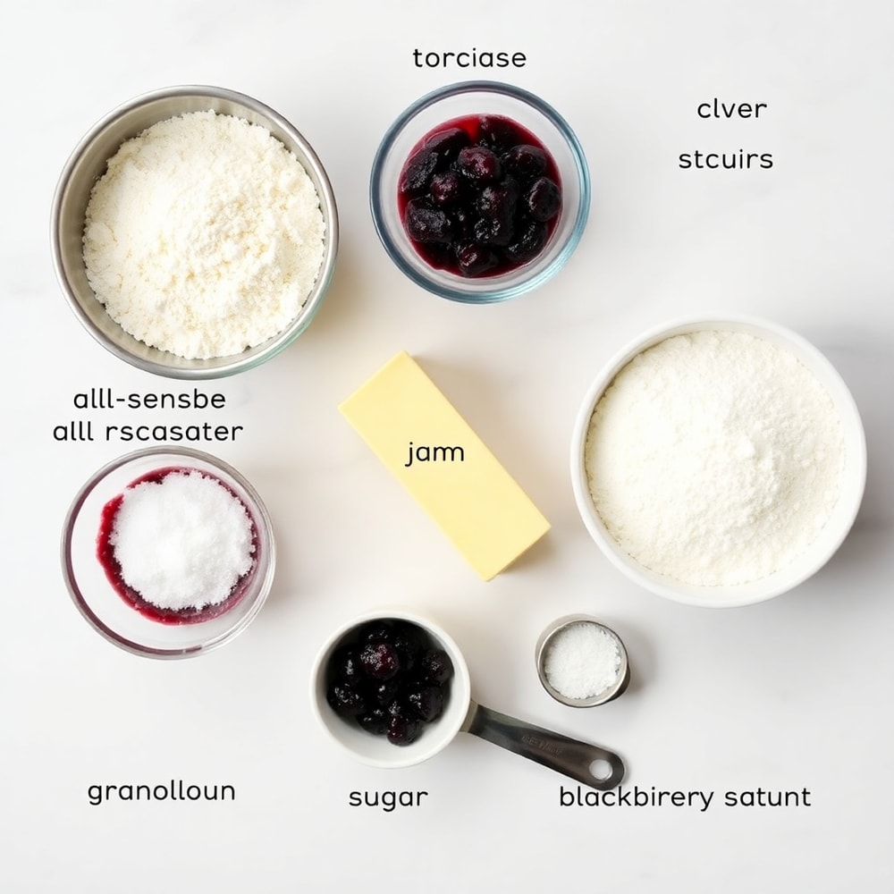Raw ingredients for Blackberry Shortbread: butter, sugar, flour, blackberries, lemon juice, salt