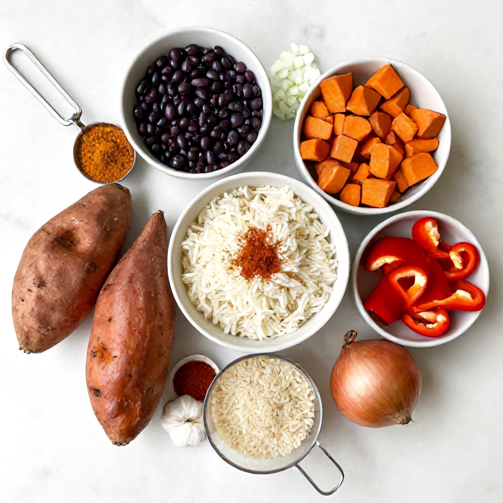 Raw Ingredients for Cajun Sweet Potato Rice Bowl