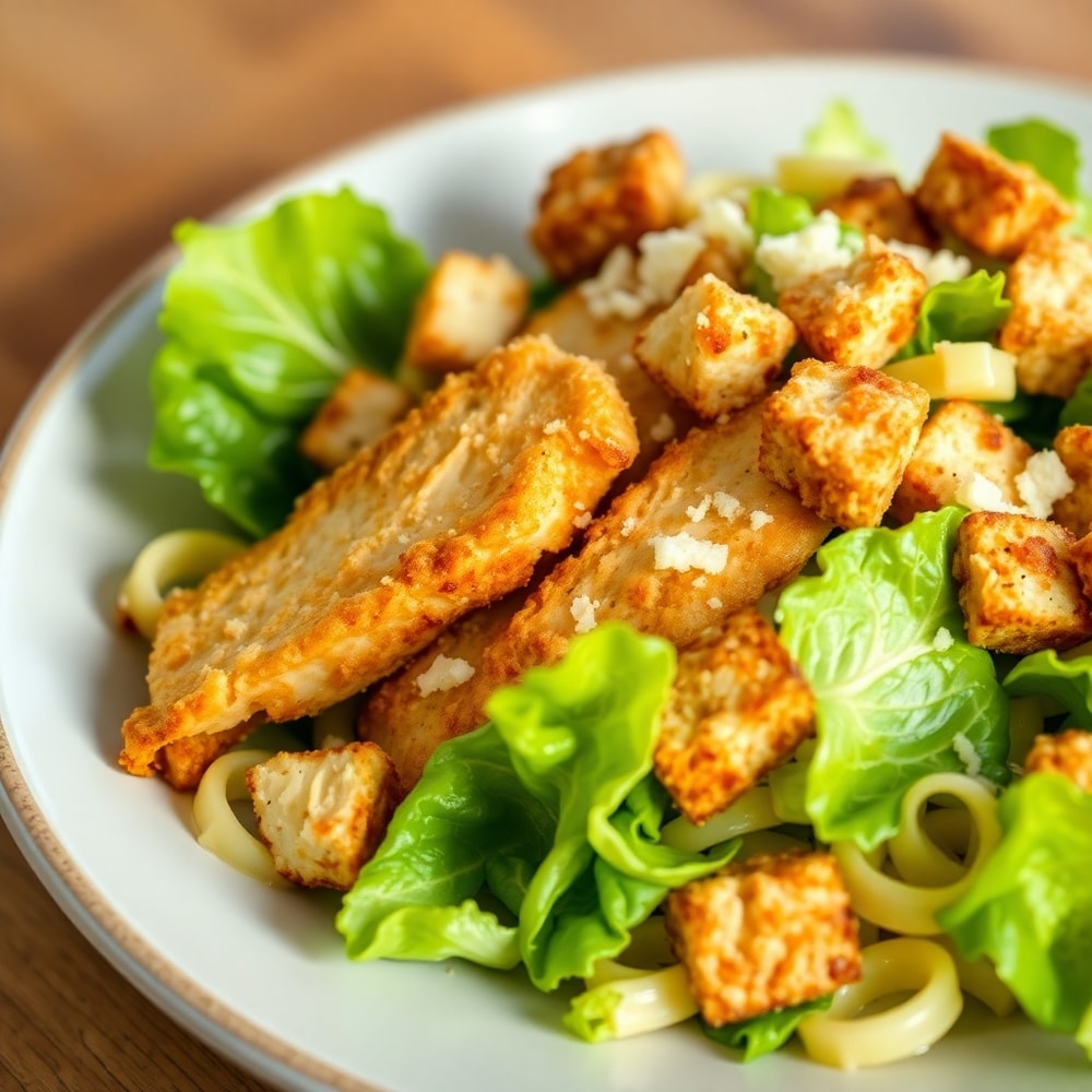 Plated serving of Easy Chicken Caesar Pasta Salad