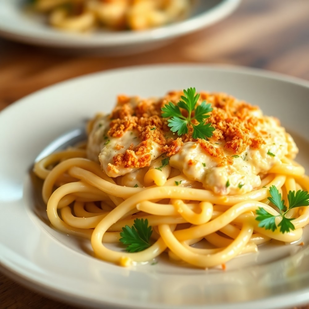 Plated Serving of Chicken Tetrazzini with Parsley Garnish
