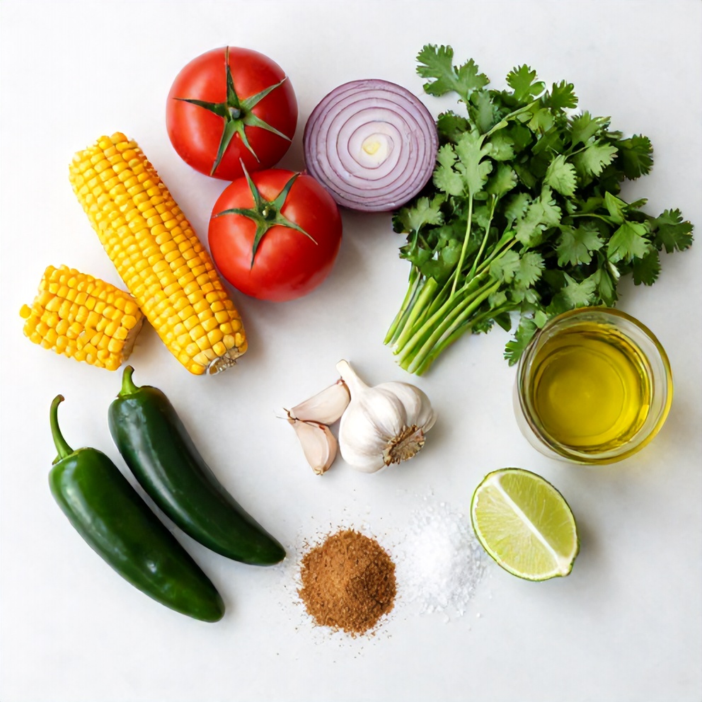 Raw ingredients for Easy Chipotle Corn Salsa: corn, tomatoes, red onion, cilantro, jalapeño, lime, chipotle peppers, garlic, cumin, salt, and olive oil in a flat lay