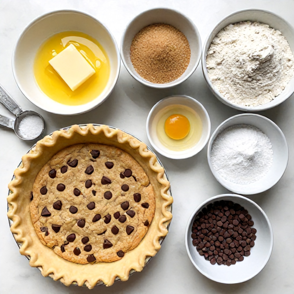 Raw ingredients for Chocolate Chip Cookie Pie on a white marble surface