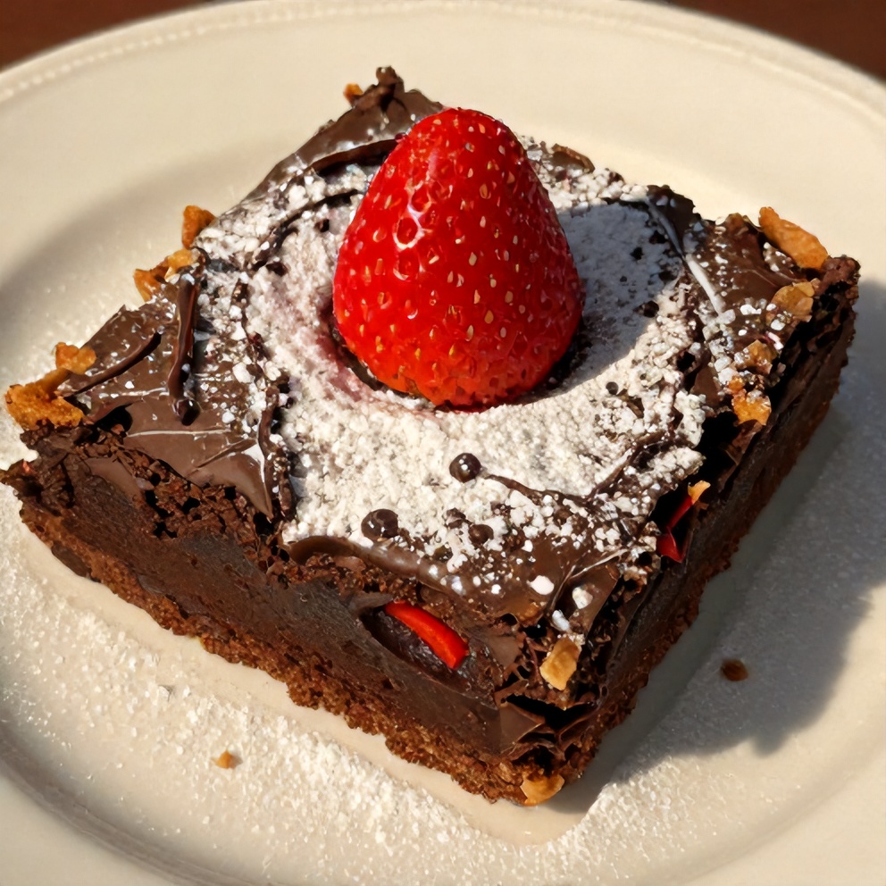 Chocolate covered strawberry brownie on a white plate