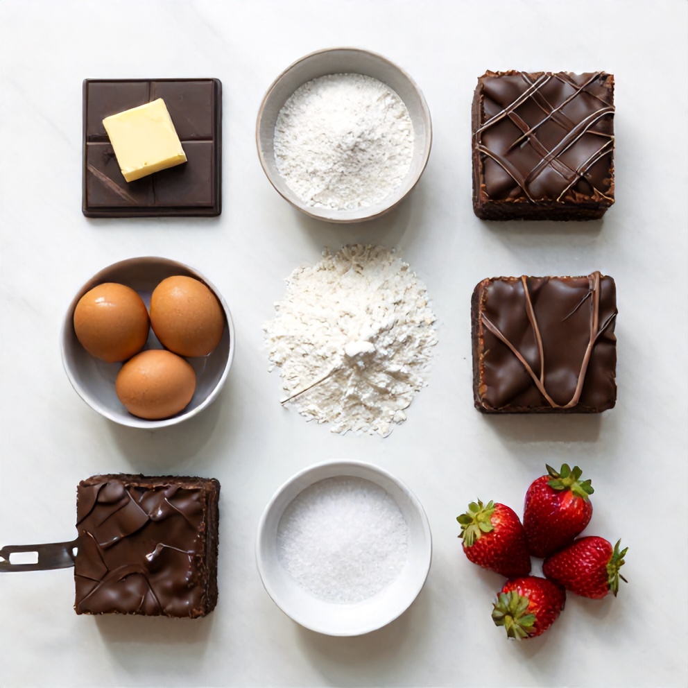 Ingredients for Chocolate Covered Strawberry Brownies on a marble surface