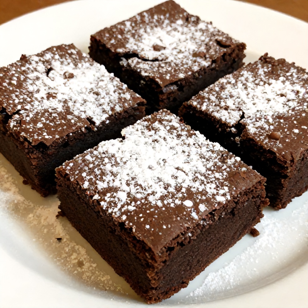 Plated Chocolate Mousse Brownies with a dusting of powdered sugar