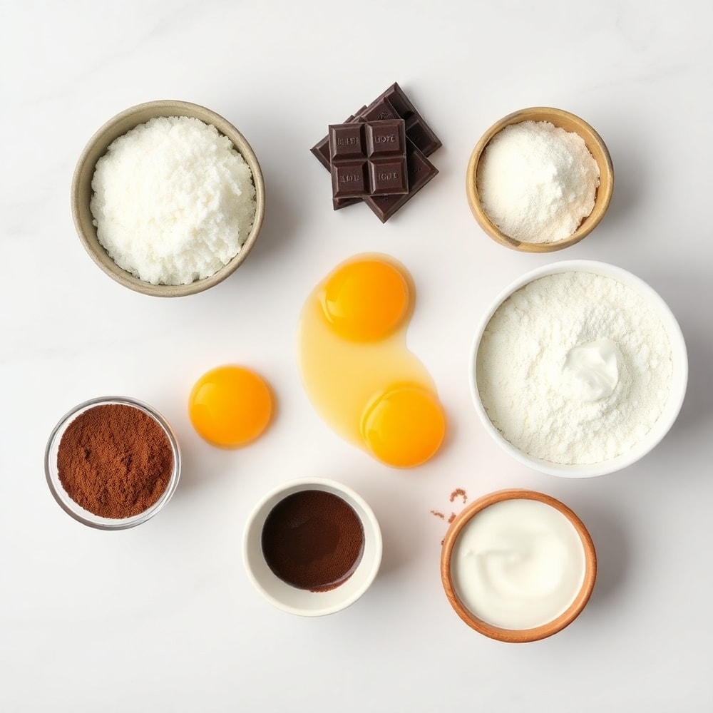 Chocolate Mousse Brownies ingredients including flour, sugar, eggs, and chocolate chips