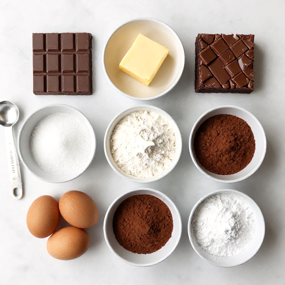 Raw ingredients for Chocolate Mousse Brownies including chocolate, butter, eggs, sugar, and flour