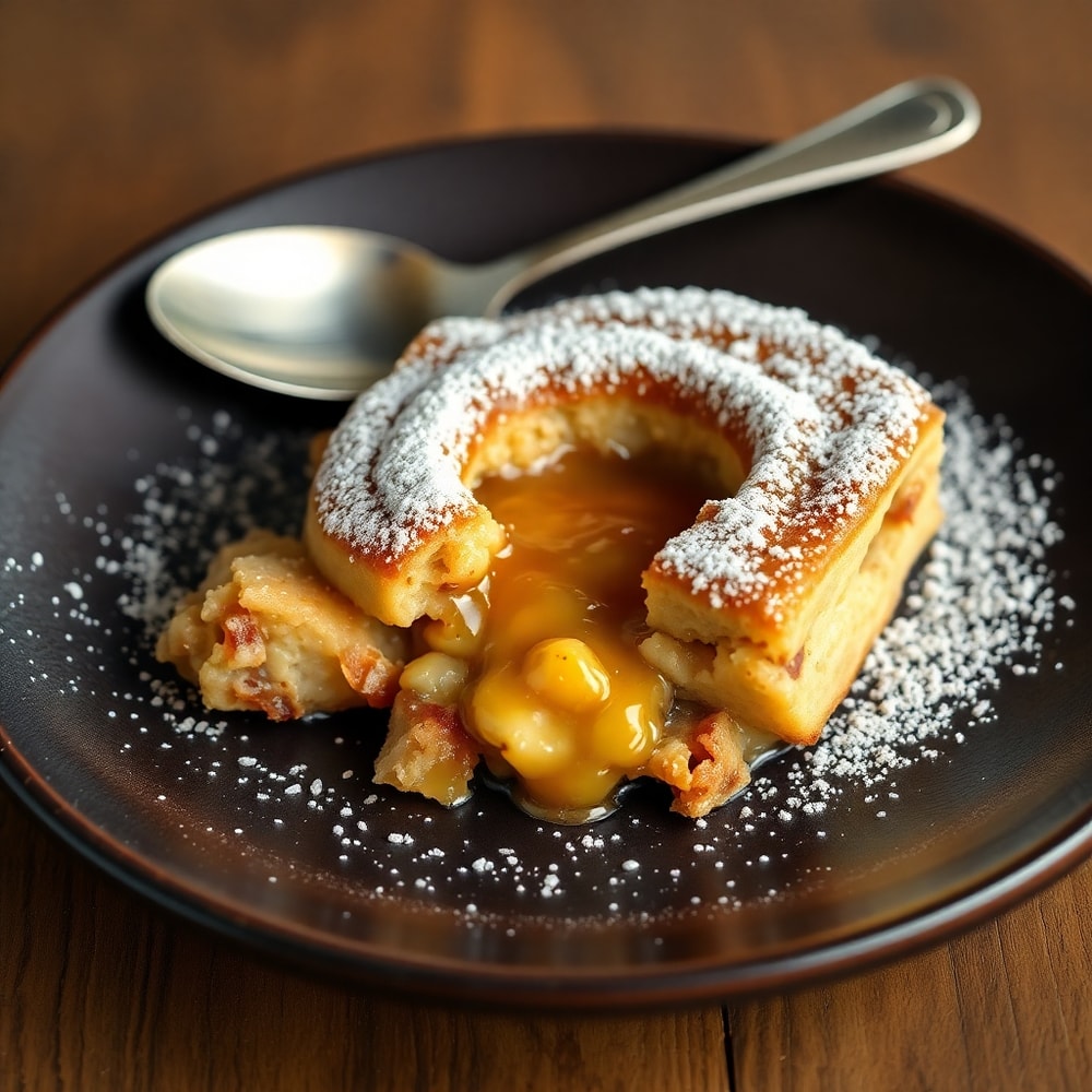 Cinnamon Roll Casserole plated, dusted with powdered sugar, and served with a spoon