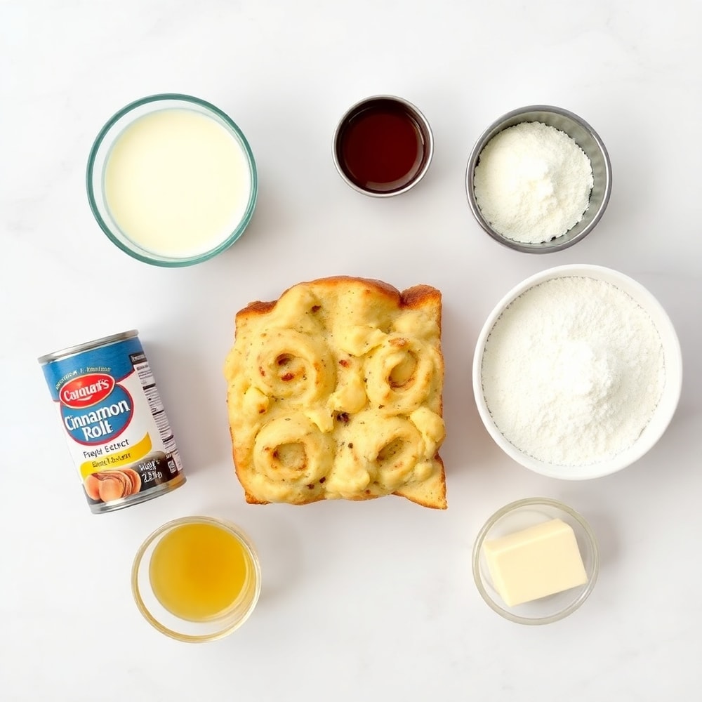 Cinnamon Roll Casserole ingredients: canned cinnamon rolls, eggs, milk, vanilla extract, powdered sugar, and butter