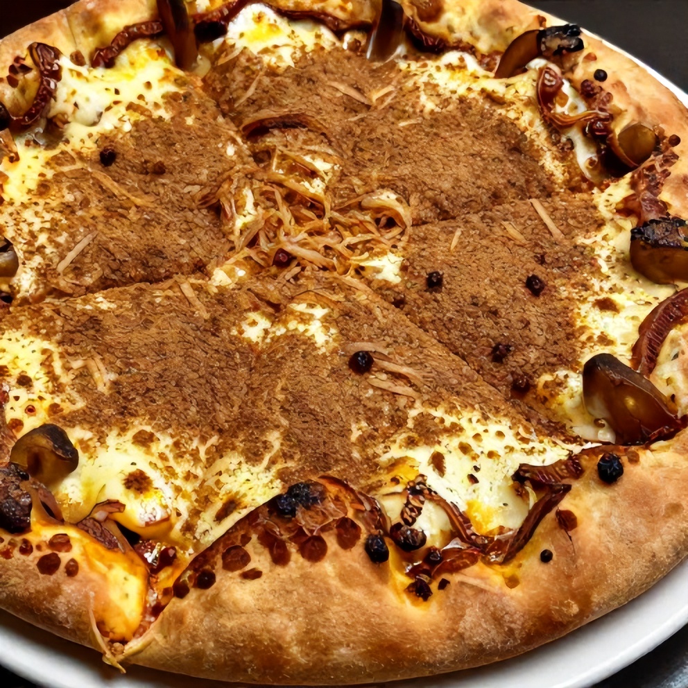 Finished cinnamon sugar dessert pizza with melted cheese and cinnamon sugar topping, sliced and served