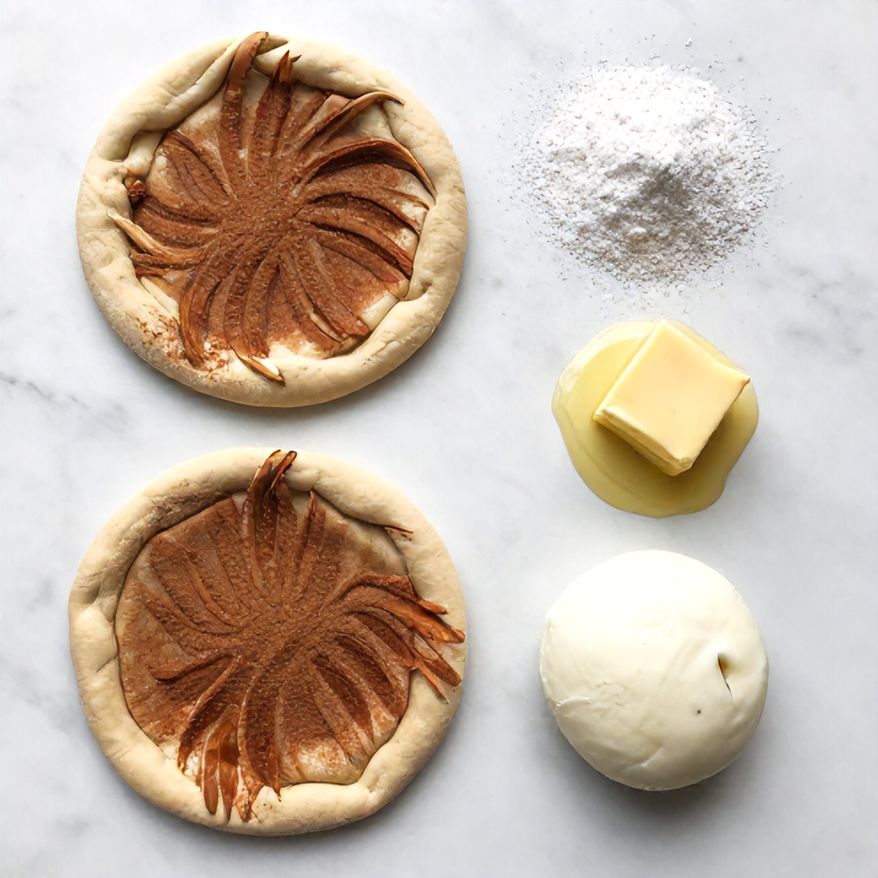 Raw ingredients for cinnamon sugar dessert pizza including pizza dough, cinnamon, sugar, butter, and vanilla extract