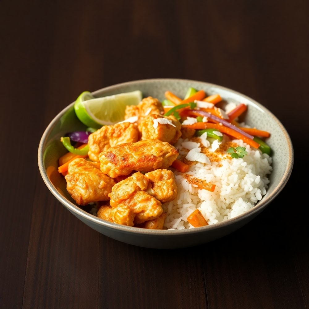 Coconut Chicken Rice Bowl plated with crispy chicken, coconut rice, and colorful veggies