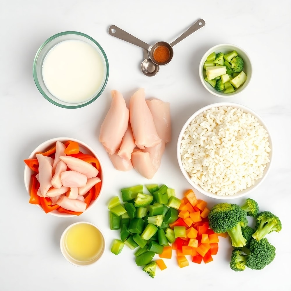 Raw ingredients for Coconut Chicken Rice Bowl: chicken, coconut milk, rice, bell peppers, and broccoli