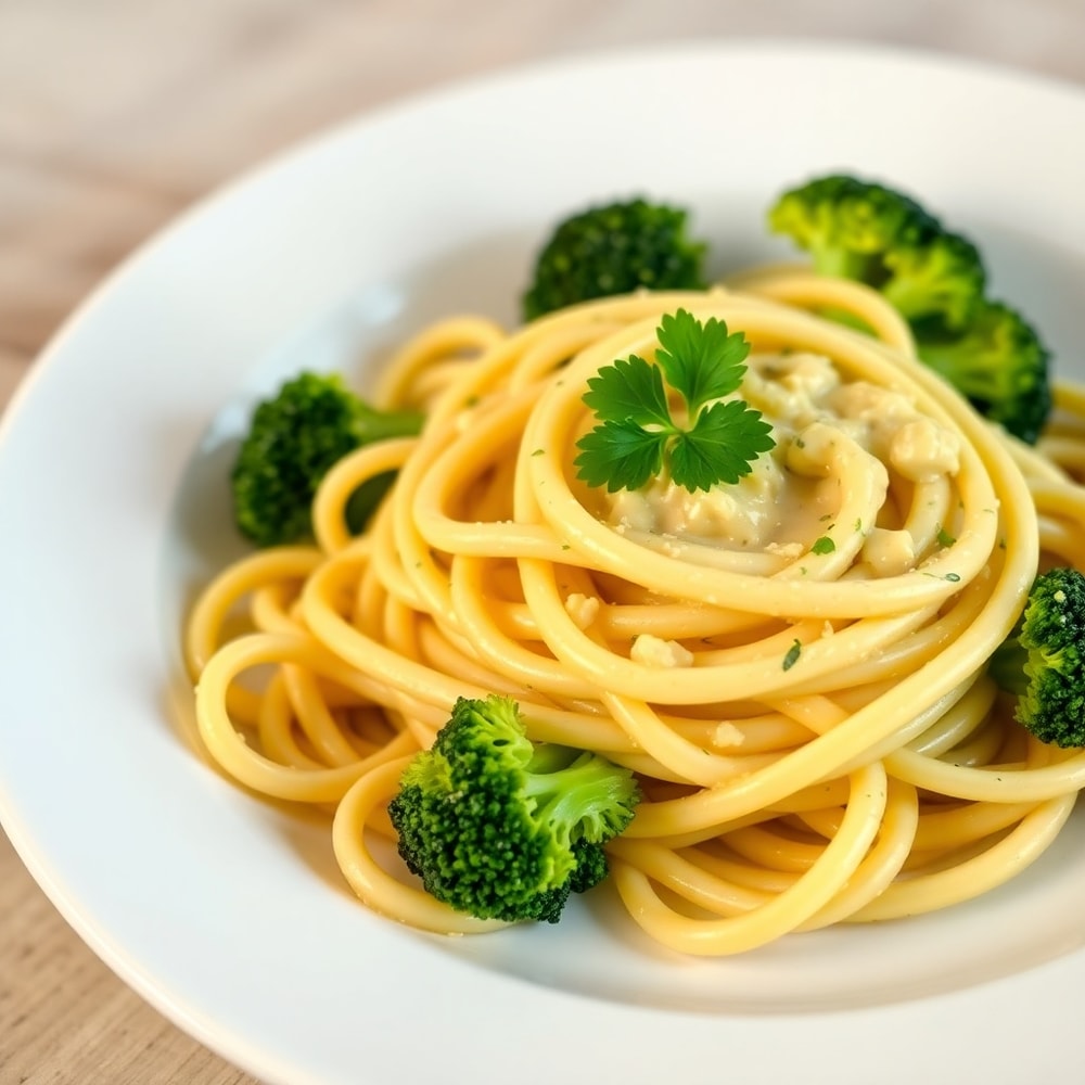 Plated Mafaldine Pasta Limone with Broccoli