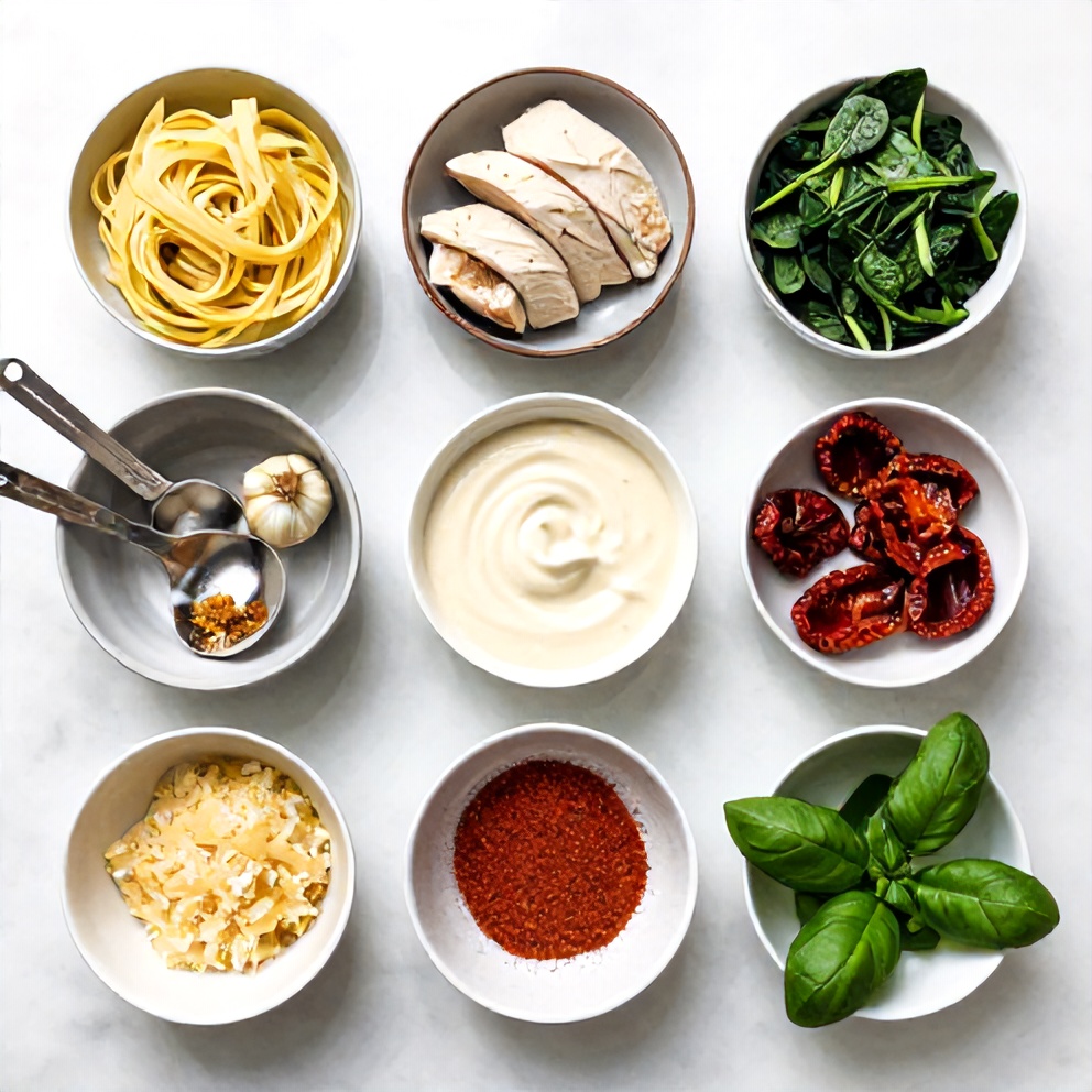 Raw Ingredients for Creamy Tuscan Chicken Pasta Bake