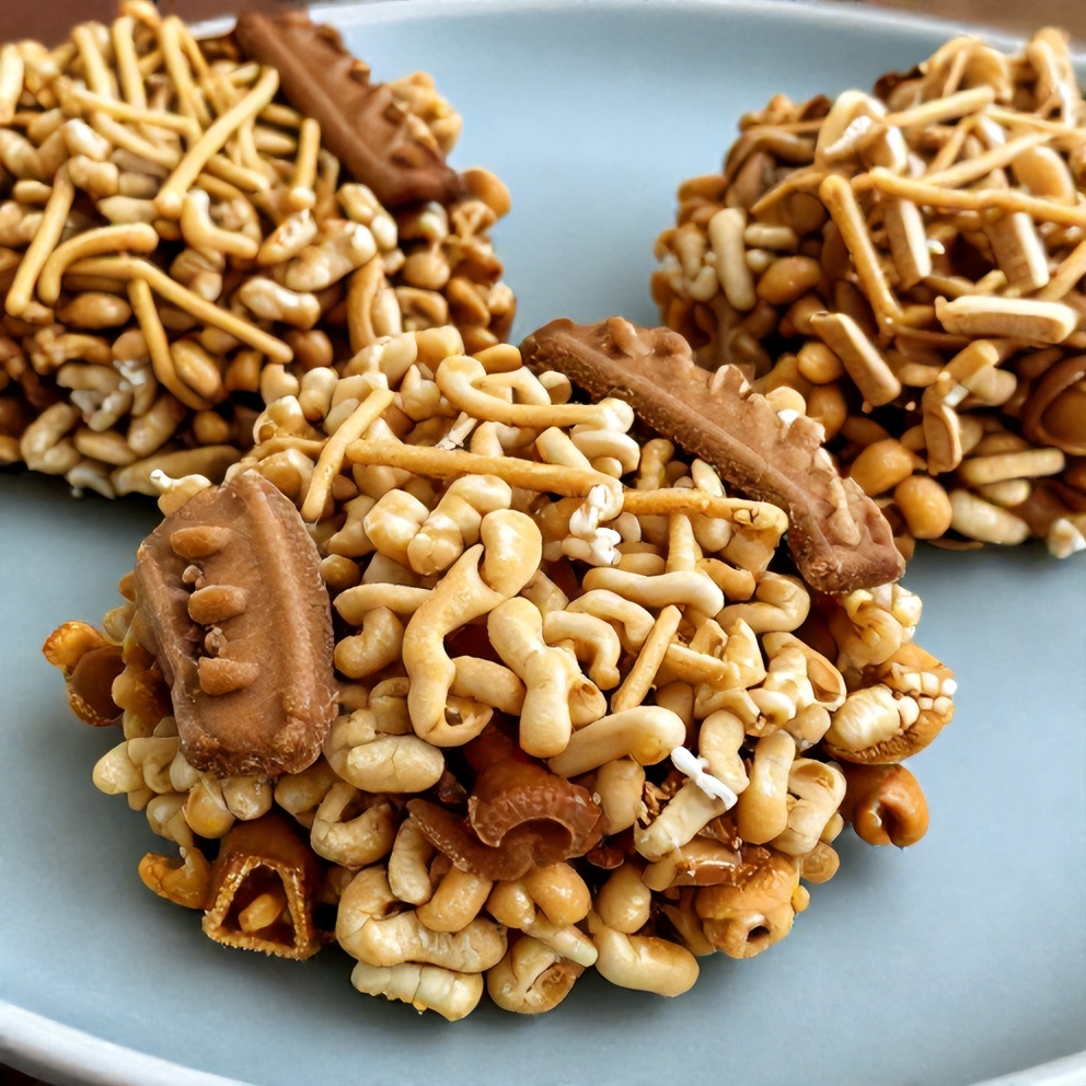 Perfectly cut Biscoff Rice Krispie Treats on a light blue plate