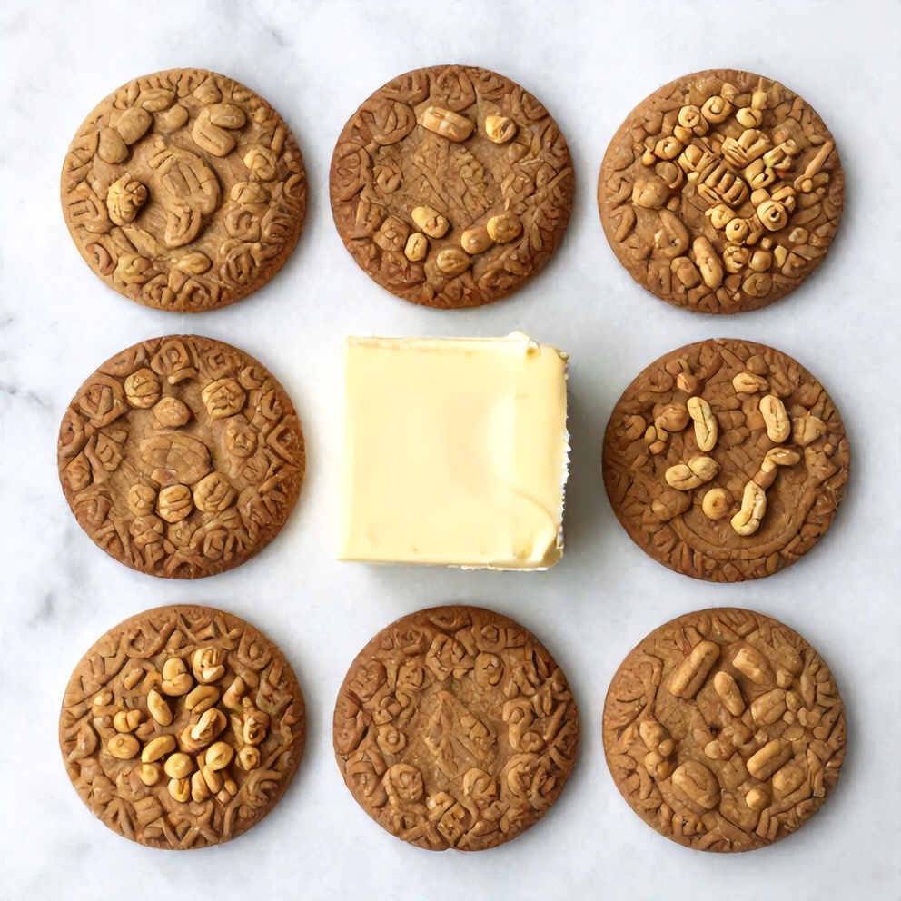 Biscoff cookies, marshmallows, Rice Krispies cereal, and butter arranged on a white marble surface