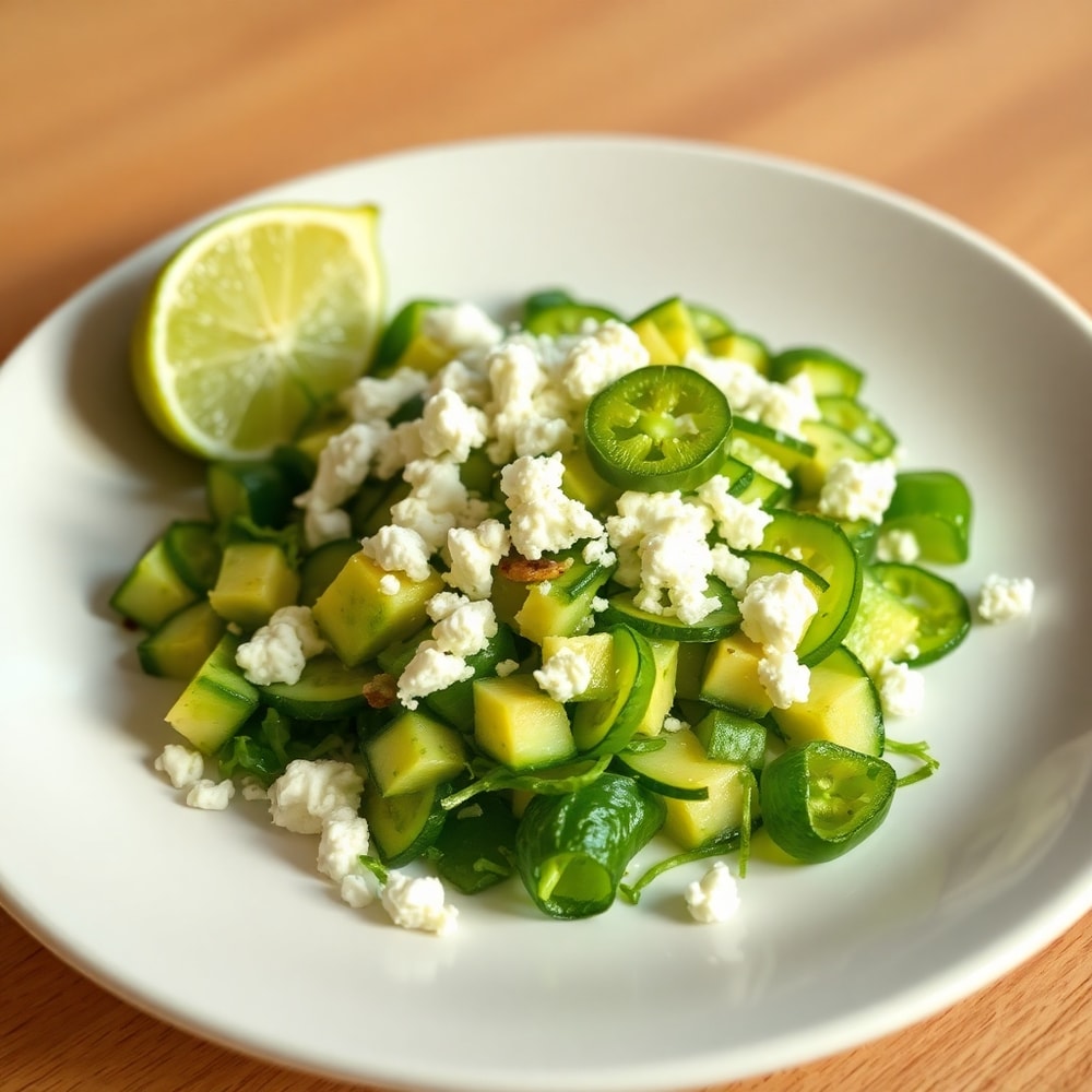 Plated crispy cucumber avocado salad with a lime wedge