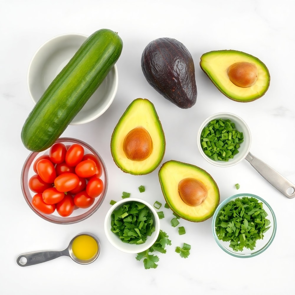 Raw ingredients for cucumber avocado salad on a white marble surface
