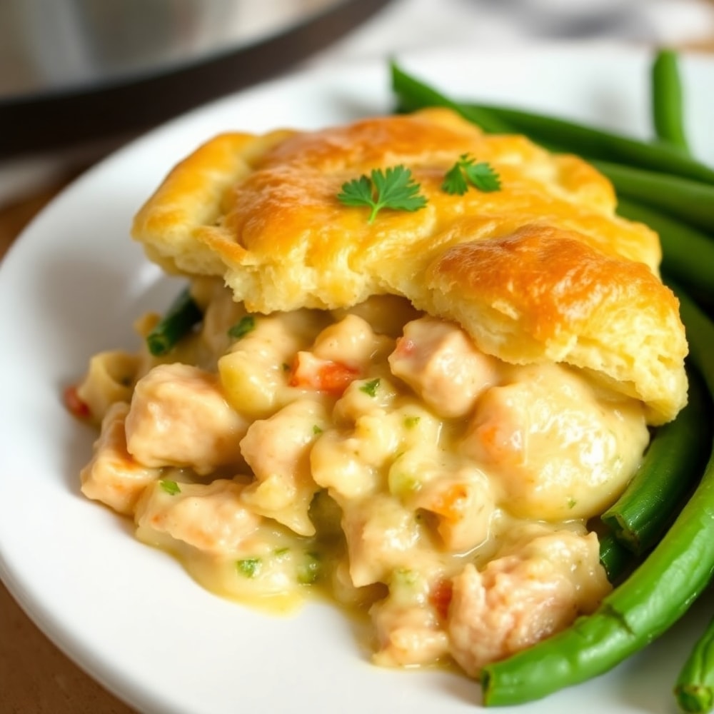 Plated serving of Crockpot Chicken Pot Pie with a side of green beans