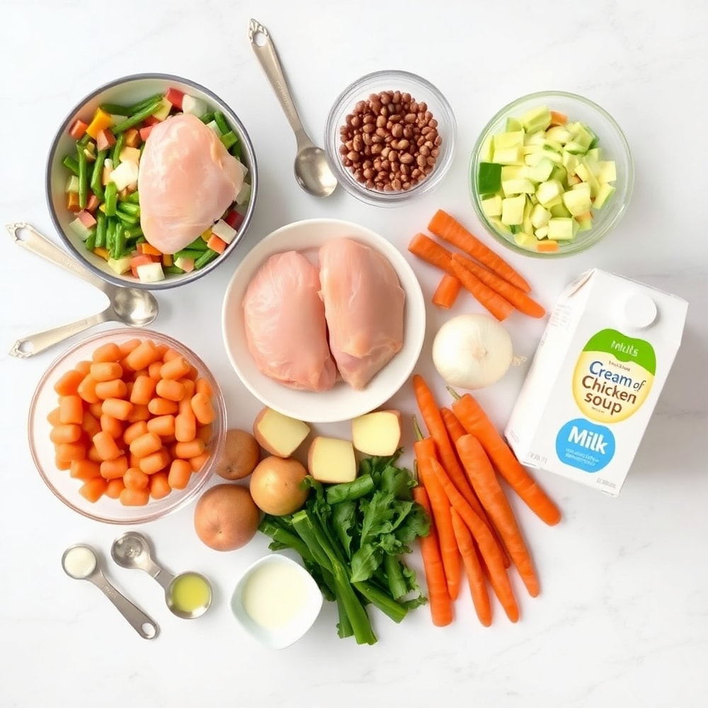 Raw ingredients for Crockpot Chicken Pot Pie: chicken, potatoes, carrots, celery, onion, cream of chicken soup, milk, frozen peas, pie crust