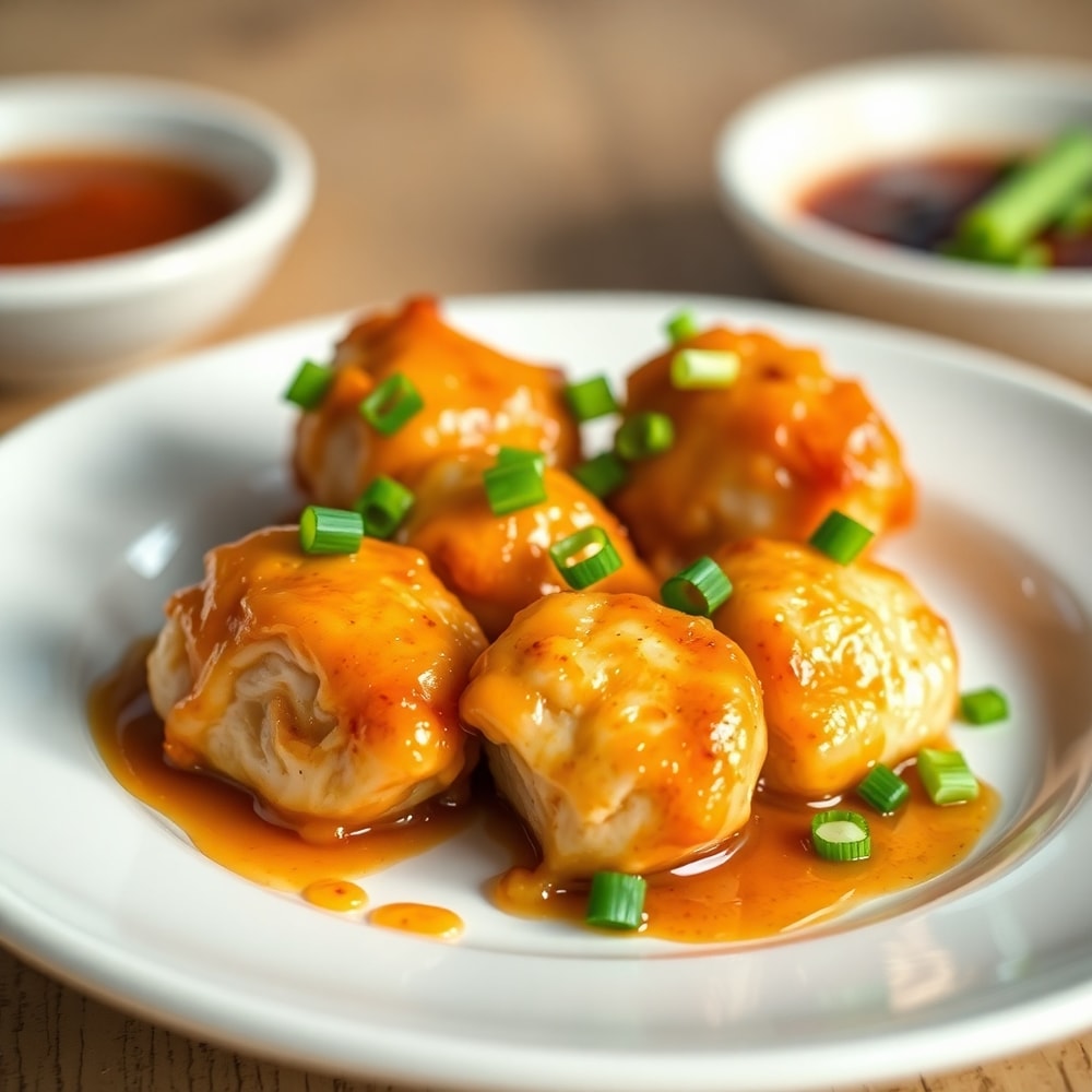 Garlic Pork Bites on a serving plate with green onions