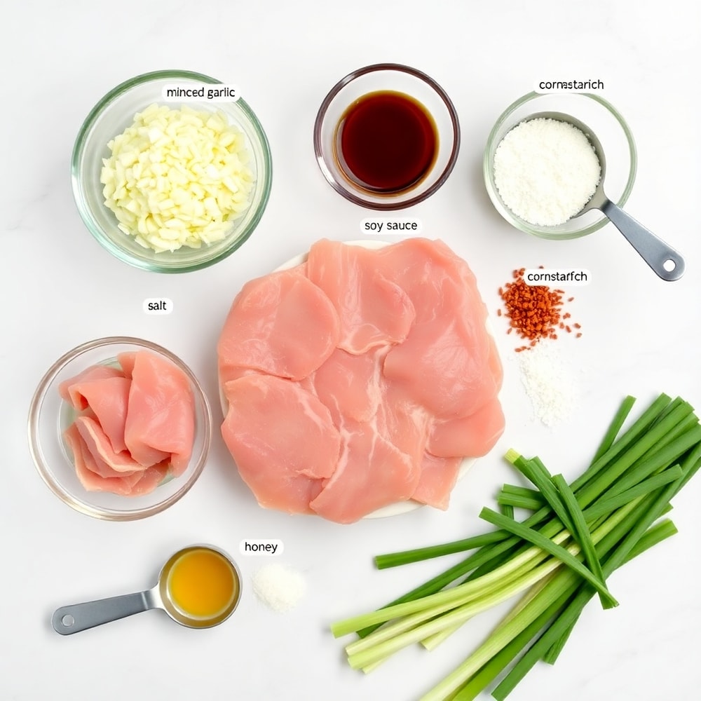 Raw ingredients for Garlic Pork Bites on a marble surface