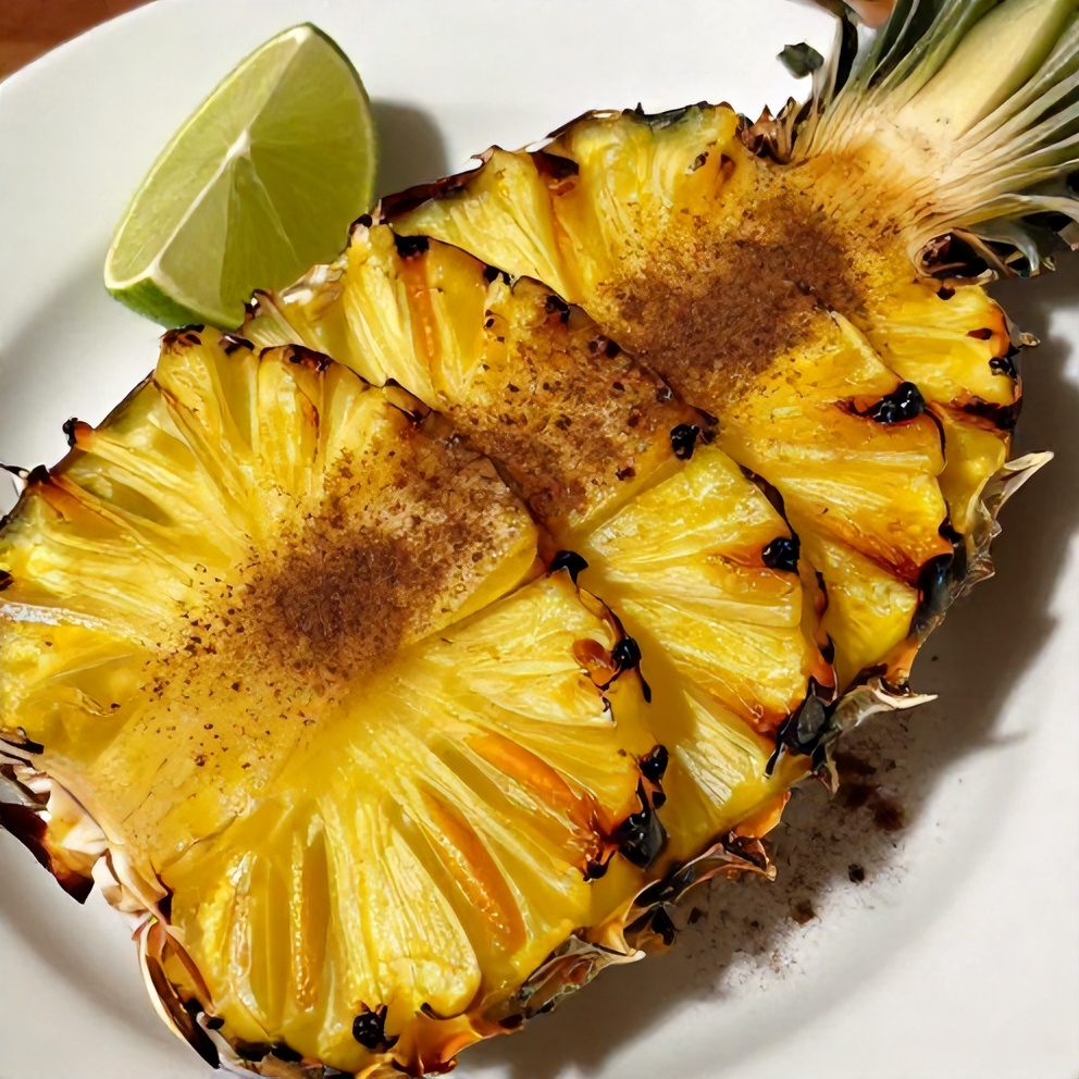 Plated grilled pineapple slices with a sprinkle of cinnamon and a lime wedge