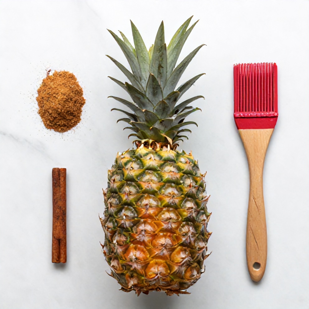 Pineapple, brown sugar, cinnamon, lime, and a grill brush laid out on a wooden board