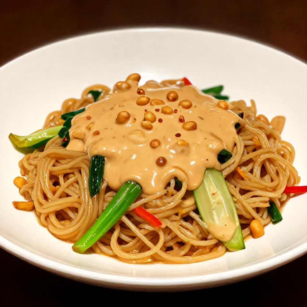 Peanut sauce drizzled over noodles and vegetables
