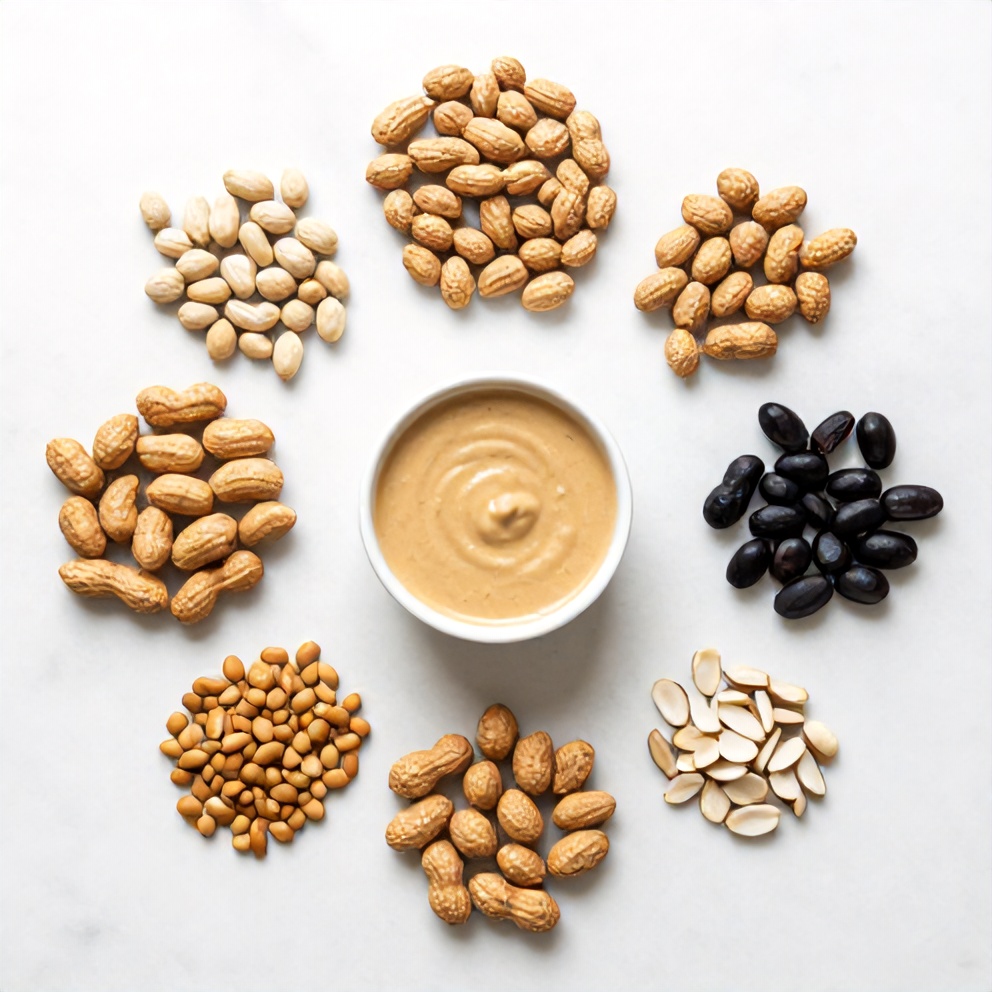 Ingredients for peanut sauce on a wooden table