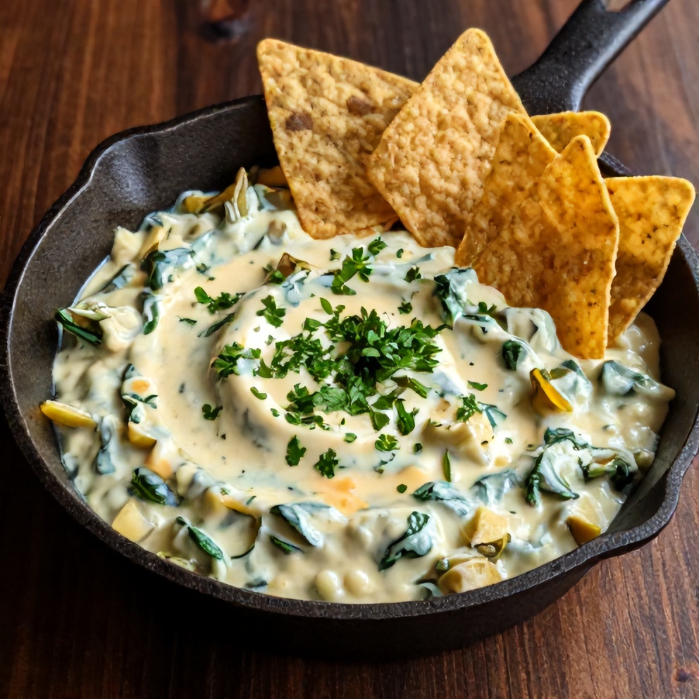 Jalapeño Spinach Artichoke Dip served in a cast iron skillet with tortilla chips