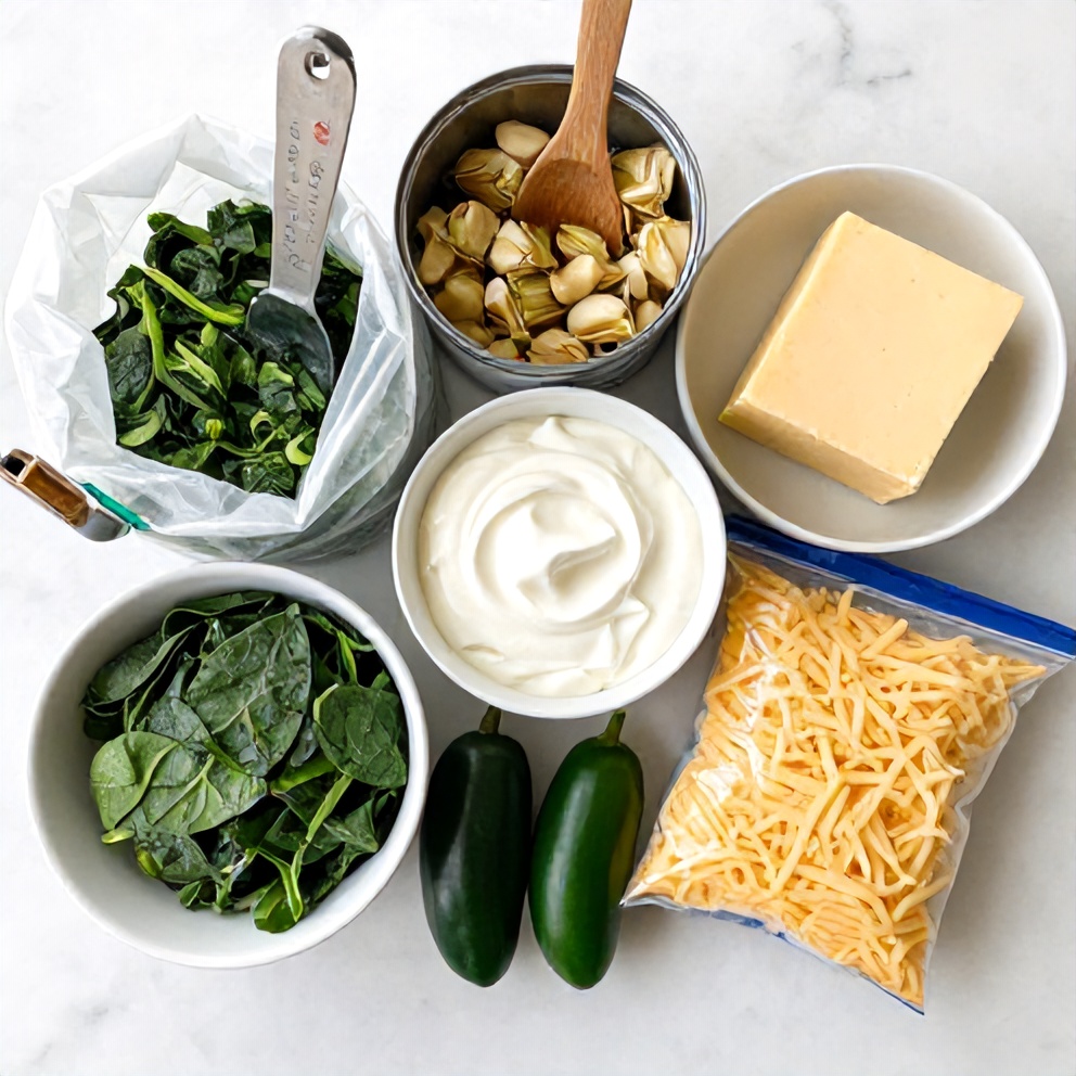 Raw ingredients for Jalapeño Spinach Artichoke Dip laid out on a wooden surface