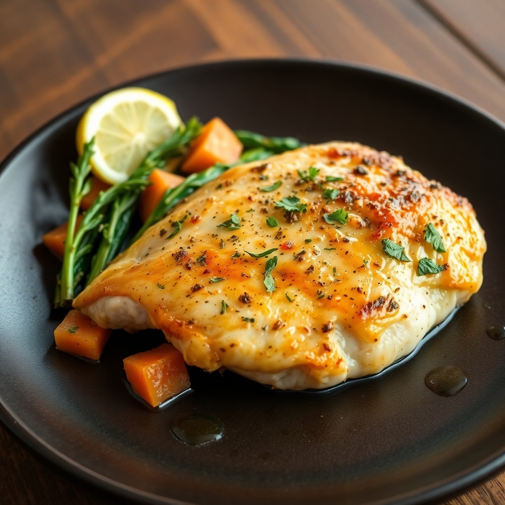 Plated lemon herb chicken and vegetables with fresh herbs