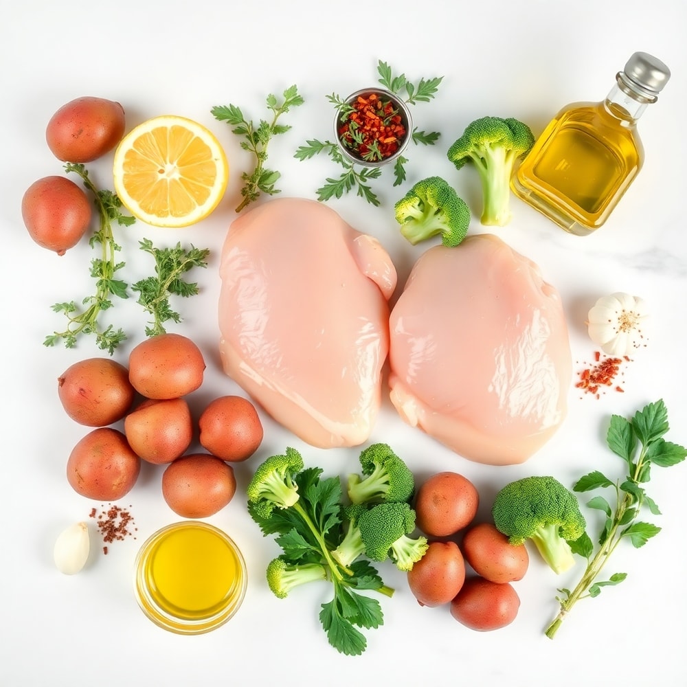 Raw ingredients for lemon herb chicken and vegetables