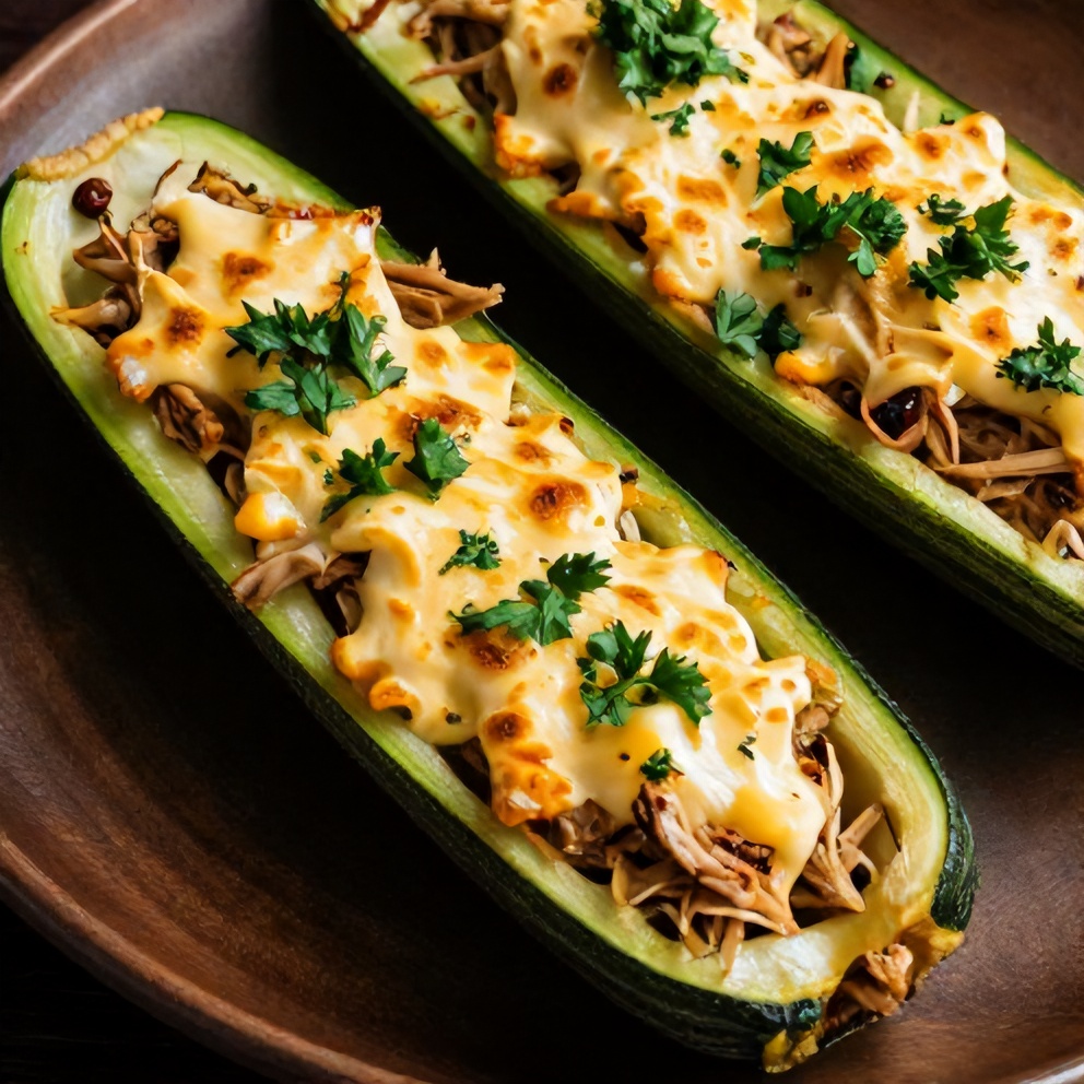 Plated serving of low-carb zucchini boats with ground turkey, garnished with fresh parsley